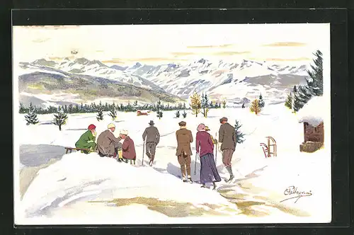 Künstler-AK Carlo Pellegrini: Winterliche Wanderung in den Bergen