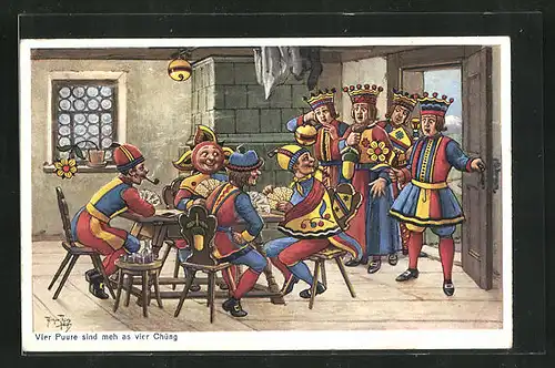 Künstler-AK Arthur Thiele: Vier Könige erschrecken über vier Buben beim Kartenspiel