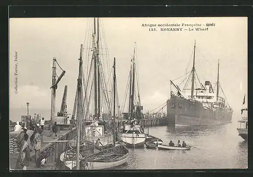 AK Konakry, Le Wharf, Segelschiffe und Dampfer liegen am Kai