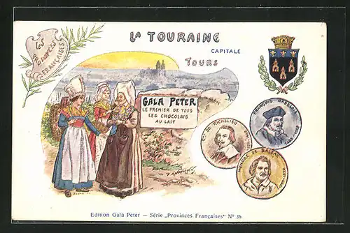 AK Tours, Gala Peter, Chocolats au Lait, Frauen in Trachten, Wappen, Honore de Balzac, Car. de Richelieu