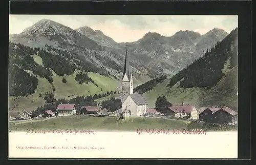 AK Mittelberg, Ortsansicht mit Kirche und Blick zu den Schafalpköpfen, Kl. Walserthal