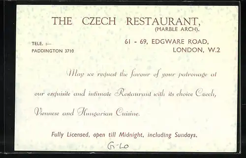 AK London, The Czech Restaurant, 61-69, Edgware Road, A Cosy Corner, Innenansicht