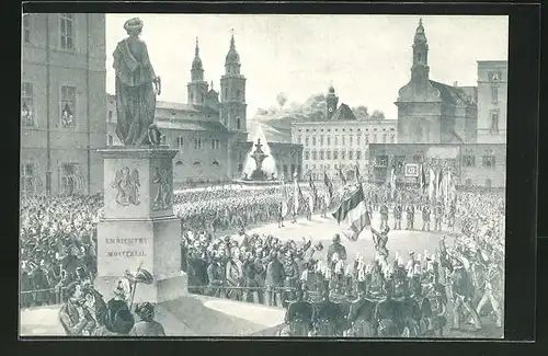 AK Salzburg, Fahnen- & Gesangsfest der Salzburger Liedertafel, Enthüllung der Fahne auf dem Mozartplatz 1849