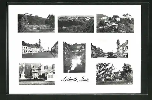 AK Leibnitz /Stmk., Gesamtansicht, Marktplatz, Brunnen, Kirche