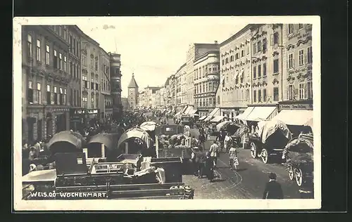 AK Wels, Wochenmarkt auf dem Stadtplatz