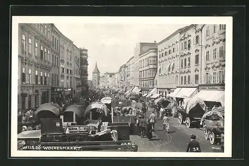 AK Wels, Wochenmarkt auf dem Stadtplatz