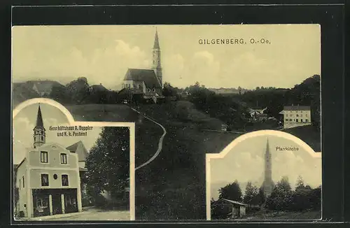 AK Gilgenberg, Geschäftshaus A. Doppler & K.k. Postamt, Pfarrkirche
