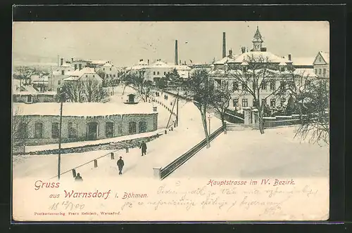 AK Warnsdorf / Varnsdorf, Hauptstrasse im IV. Bezirk im Schnee