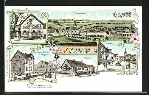 Lithographie Abenheim, Restaurant zum Bahnhof, Krieger-Denkmal, Bahnhof