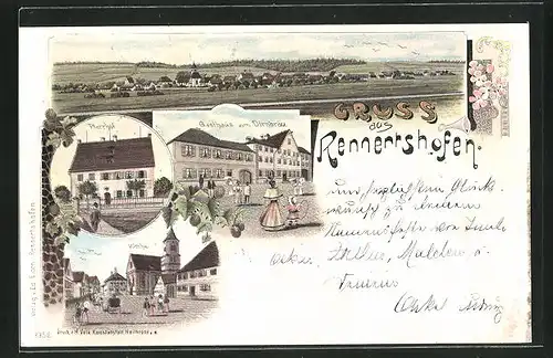 Lithographie Rennertshofen, Gasthaus zum Dirnbräu, Pfarrhof, Kirche