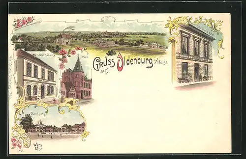 Lithographie Oldenburg / Holst., Scheibners Hotel, Hotel Stadt Hamburg, Post, Marktplatz