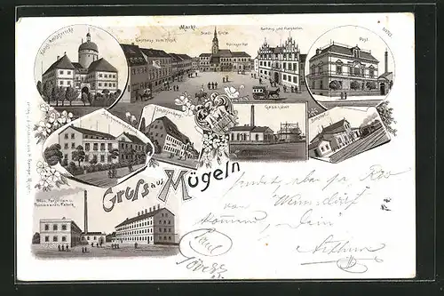 Lithographie Mügeln, Bahnhof, Gasthaus zum Hirsch am Marktplatz, Schuhwaren-Fabrik