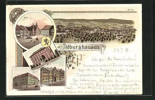 Lithographie Hildburghausen, Bahnmeister-Schule, Markt, Elektro-Technikum