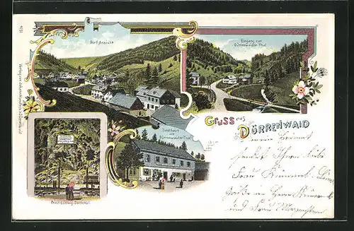 Lithographie Dürrenwaid, Gasthaus zum Dürrenwaider Thal, Ortsansicht, Prinz Ludwig-Denkmal