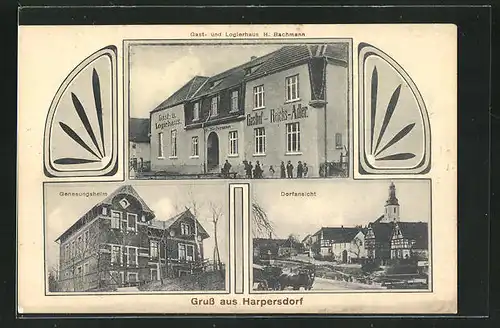 AK Harpersdorf, Gasthaus H. Bachmann, Genesungsheim, Ortsansicht