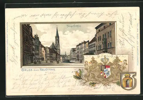 Passepartout-Lithographie Neuötting, Hauptstrasse mit Blick zur Kirche