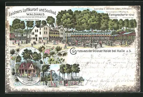 Lithographie Halle a. S., Leistners Gasthof und Soolbad Waldhaus in den Königlichen Forsten der Dölauer Haide