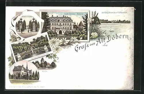 Lithographie Alt-Döbern, Krankenhaus, Gräfl. Schloss, Kirche