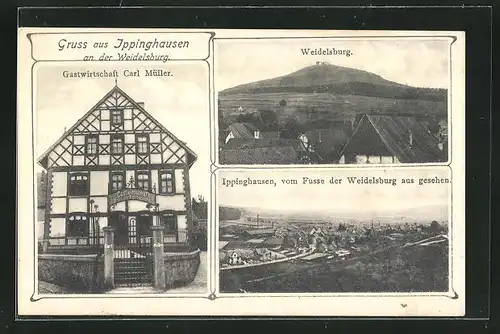 AK Ippinghausen a. d. Weidelsburg, Gasthaus Carl Müller, Blick zur Weidelsburg