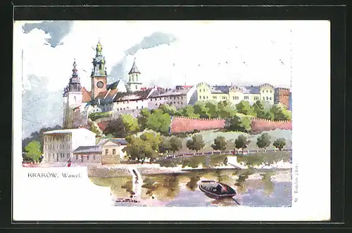 Künstler-AK Krakau-Krakow, Ansicht des Schloss mit Flusslauf