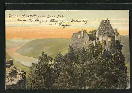 AK Aggstein a.d. Donau, Blick zur Ruine oberhalb der Donau