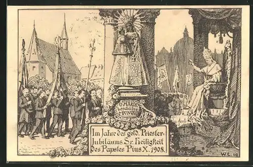 Künstler-AK Altötting, Münchener Männerwallfahrt, Priesterjubiläum Papst Pius X. 1908