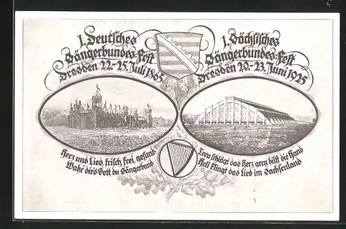AK Dresden, 1. Deutsches Sängerbundes-Fest 1865 und 1. Sächs. Sängerbundes-Fest 1925