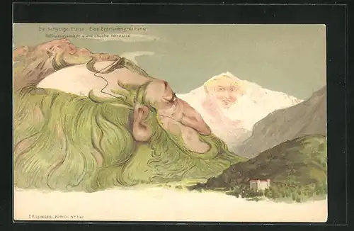 Lithographie Killinger Nr. 104: Die Schynige Platte - Eine Erdrindenerkaltung, Berg mit Gesicht / Berggesichter