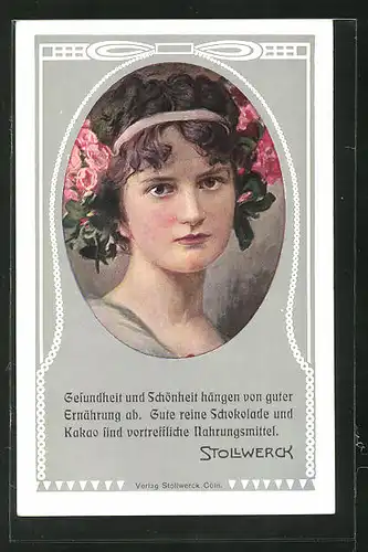 AK Mädchenportrait mit Blumen im Haar, Jugendstil, Reklame für Stollwerck Kakao und Schokolade