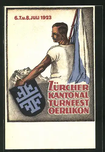 AK Zürich, Kantonal-Turnfest Oerlikon 1923, Turner mit Flagge und Wappen