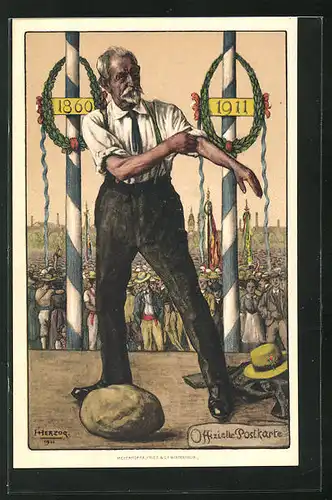 AK Winterthur, Jubiläums-Turnfest und Fahnenweihe 1911, Mann auf dem Podium will einen Stein heben