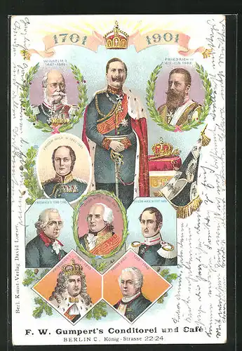 AK Friedrich Wilhelm III. von Preussen und König Friedrich II. (der Grosse) im Portrait, Bildnis Kaiser Wilhelm II.