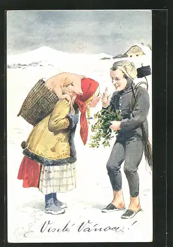 AK Schornsteinfeger und Frau mit Schwein im Korb auf dem Rücken, Neujahrsgruss