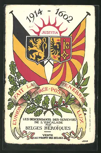 AK Geneve, Justitia 1914-1602, L`Union fait la Force-Post Tenebras Lux, Wappen und Flaggen