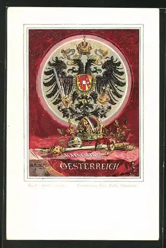 AK Kaiserthum Oesterreich, Doppelköpfiger Adler mit Schwert und Krone