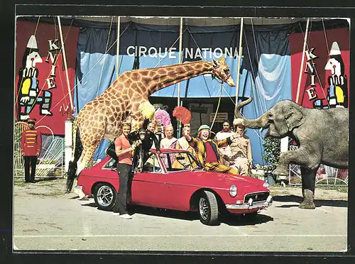 AK Knie, Nationalzirkus der Schweiz, Schimpanse im Auto, Giraffe und Elefant