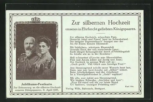 AK Zur silbernen Hochzeit unseres Ehrfurcht geliebten Königspaares von Württemberg 1911, Ganzsache