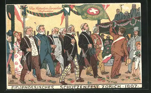 Künstler-AK Zürich, Eidgenössisches Schützenfest 1907, Fähnlein der sieben Aufrechten