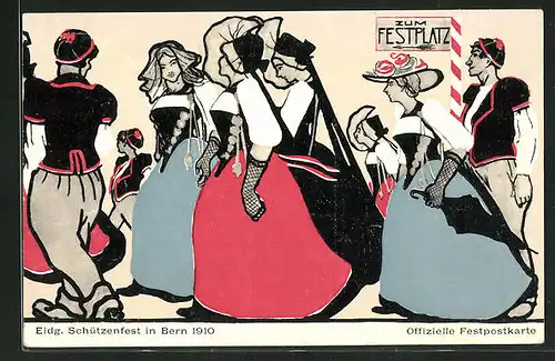 Künstler-AK Bern, Eidg. Schützenfest 1910, Frauen auf dem Weg zum Festplatz