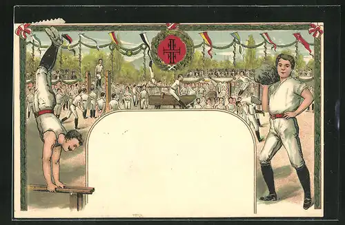 Präge-Lithographie Turner auf dem Sportplatz