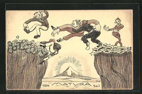 Künstler-AK Matura 1916 5aJ., Sprung über die Klippe