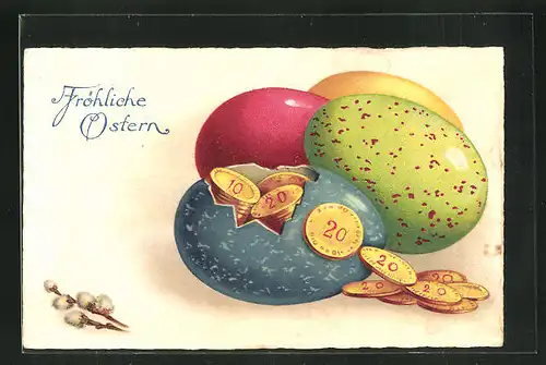 Lithographie Fröhliche Ostern, Münzen im Osterei