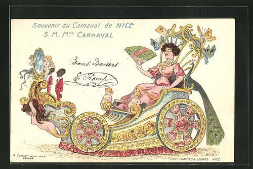 Lithographie Nice, S.M.Mme. Carnaval im Prunkwagen