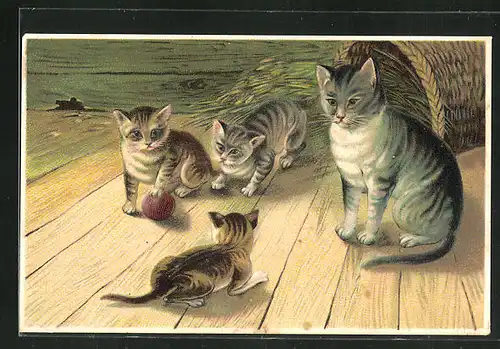 Präge-AK Katzenfamilie in der Scheune