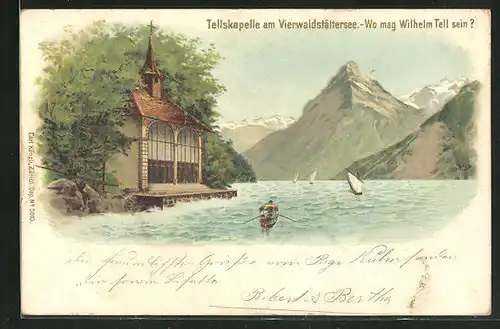 Lithographie Vierwaldstättersee, Tellskapelle, Wo mag Wilhelm Tell sein?, Suchbild