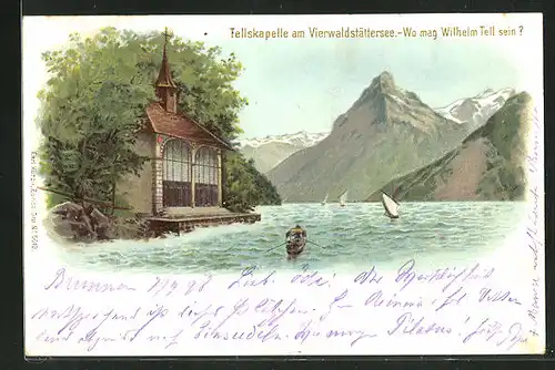 Lithographie Vierwaldstättersee, Tellskapelle, Wo mag Wilhelm Tell sein?, Suchbild