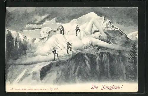 Künstler-AK Bergsteiger klettern auf die Jungfrau, Berg mit Gesicht / Berggesichter