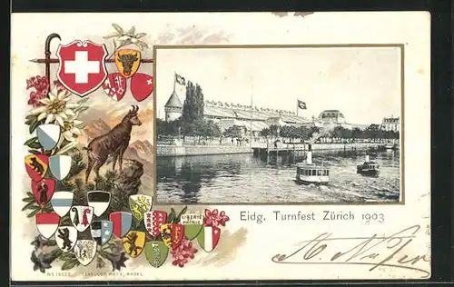 Passepartout-AK Zürich, Eidgenössisches Turnfest 1903, Dampfer, Wappen