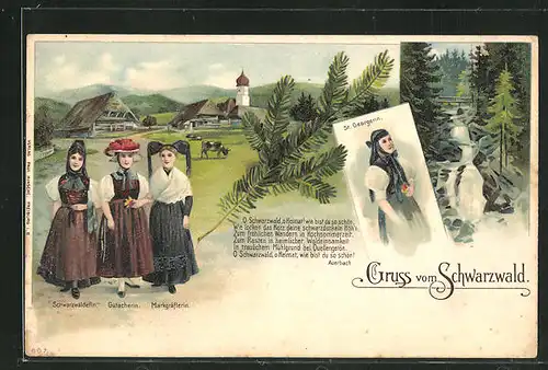 Lithographie Damen aus St. Georgen, Gutach und dem Schwarzwald in Volkstracht