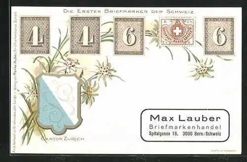Lithographie Die ersten Briefmarken der Schweiz, Canton Zürich, Wappen
